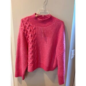 Express Pink Asymmetrical Cable Knit Mock Neck Ribbed Sweater Large NWT 08264060